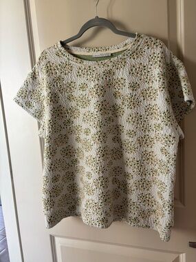 Cream Short Sleeve Floral-Print Top with Green Accents